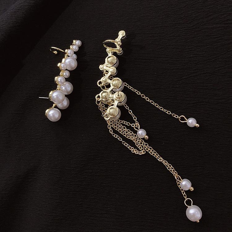 Pearl tassel asymmetrical earbone clip integrated earrings personality temperament fashion earrings sterling silver
