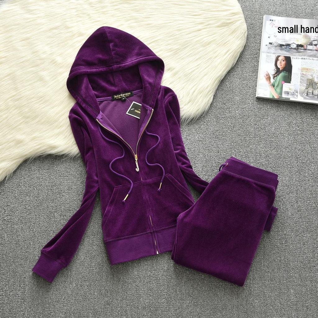 European Spring/Autumn JC Fashion Gold Velvet Women's Sportswear Set with Hotfix Letter Details