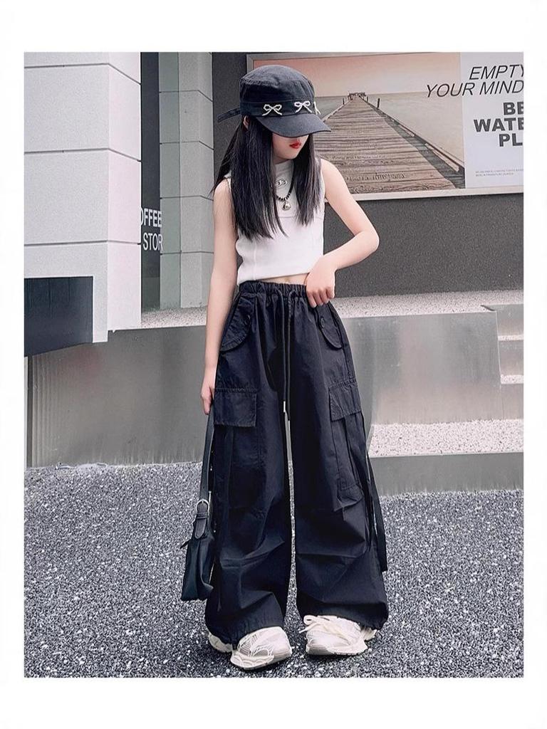 2025 Nowe Letnie Spodnie Cargo dla Dziewcząt z Akcentem Taśmowym - Luźny Krój, Modny Styl dla Dzieci Średnich i Dużych