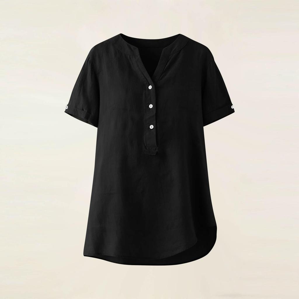 Fashionable Women's Linen V-neck Button Up Half Open Design, Fashionable Short Sleeved Shirt Color Top