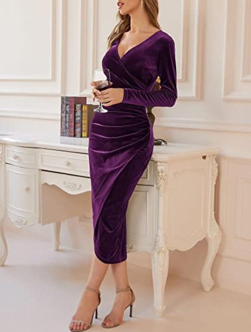 Women's Clothing European and American Golden Velvet Hip-wrapped Dress, Medium and Long Cross Sexy V-neck Elegant Cocktail Party Evening Dress Women