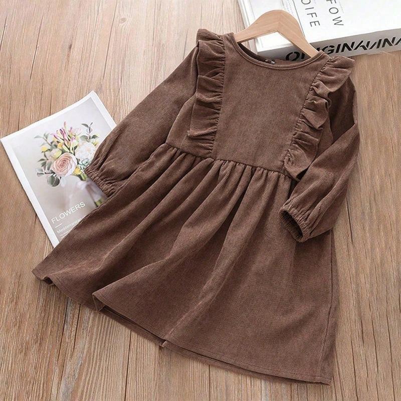 

Платье для девочки Детское Осеннее Новое С круглым вырезом С оборками С длинным рукавом Однотонное Вельветовое Платье 100cm коричневый