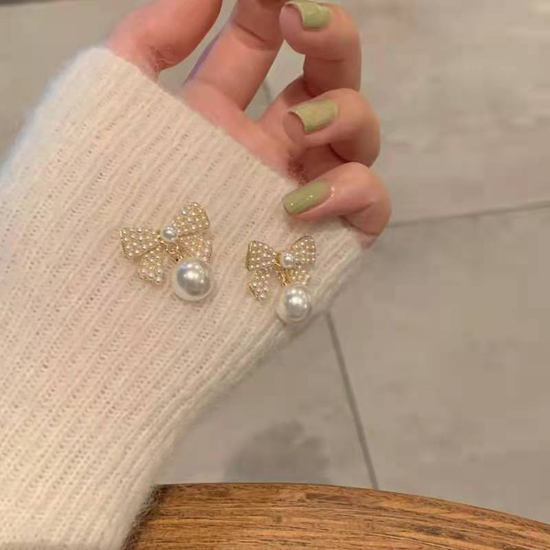 Серьги-пусеты с жемчужным бантом, подвеска, игла S925, корейская версия, элегантные, простые, изысканные серьги