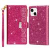 For iPhone 15 Zipper Wallet Stand Phone Case PU Leather Glittery Laser Carving Phone Cover