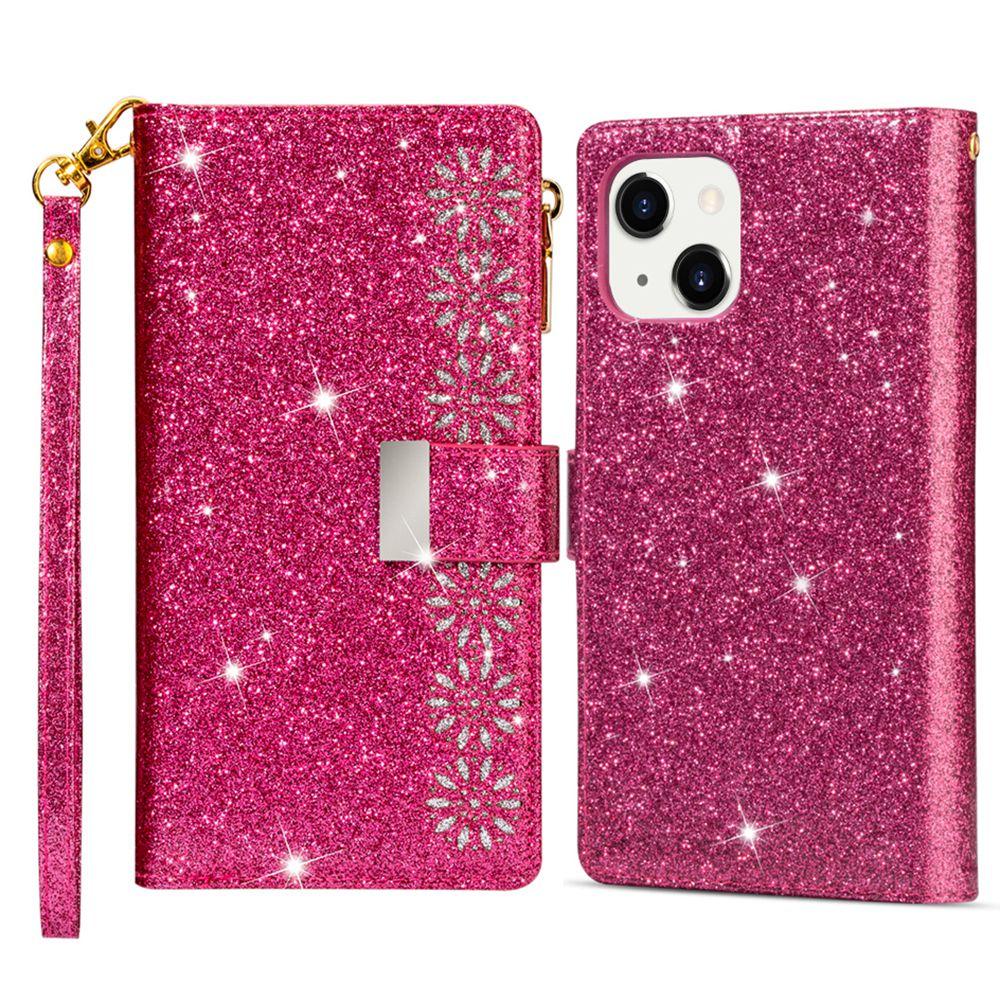 For iPhone 15 Zipper Wallet Stand Phone Case PU Leather Glittery Laser Carving Phone Cover