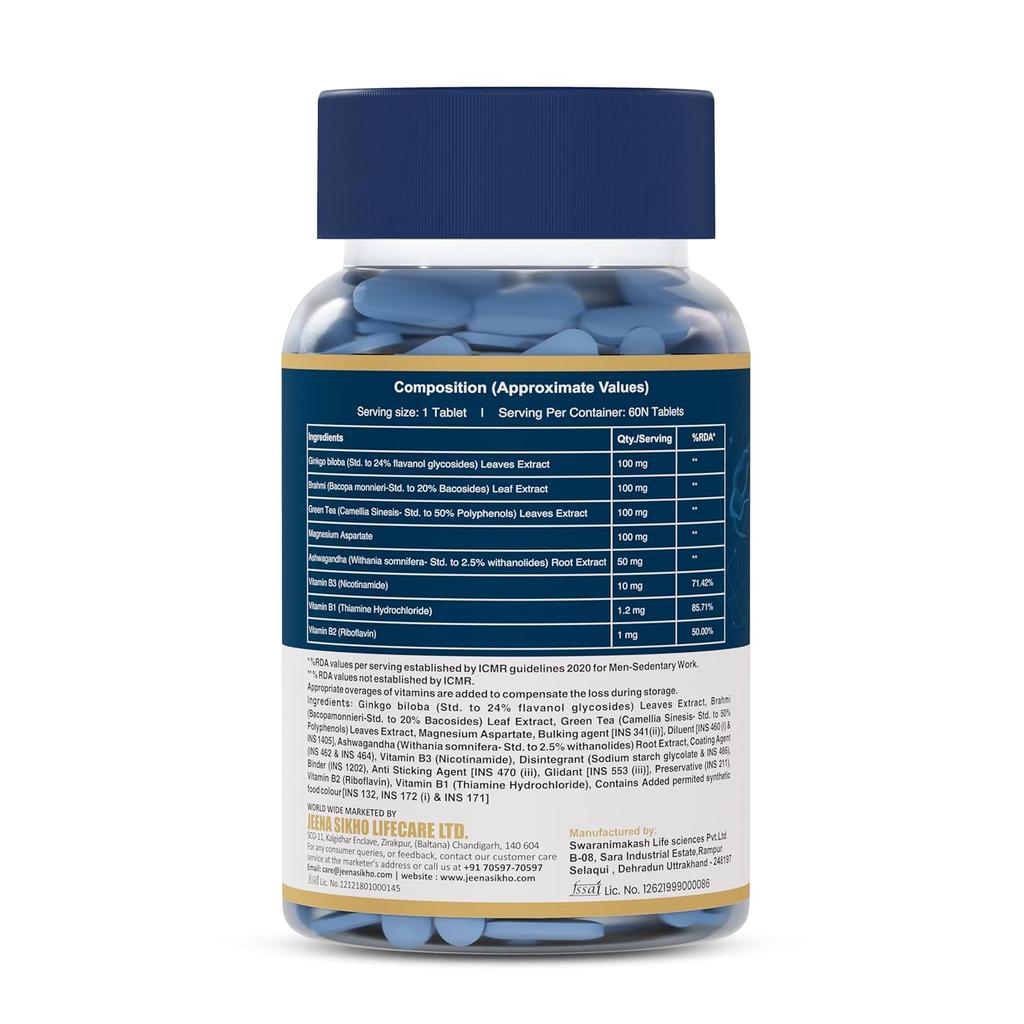 Jeena Sikho Memory Support Tablets Brain Focus Formula With Brahmi Ginkgo Green Tea B Vitamins 60 Tablets Daily