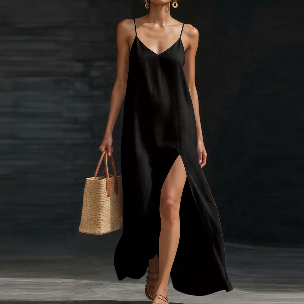 Women’s Sleeveless Maxi Dress with Adjustable Spaghetti Straps and Side Slit Relaxed Fit Long Sundress for Summer Beachwear