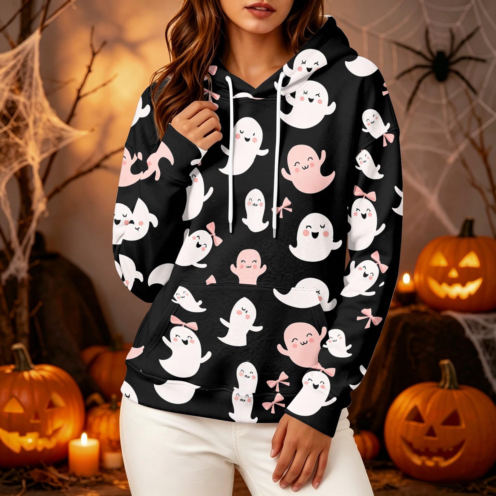 Women s fashion long-sleeved Halloween printed hooded sweater top M хаки