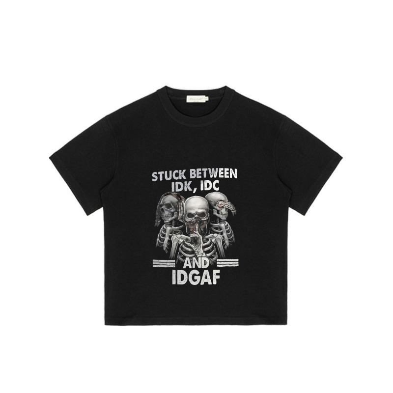 Black T Shirt with Skulls and Text Stuck Between Idk Idc and Idgaf Graphic Design for Casual Wear Streetwear Fashion