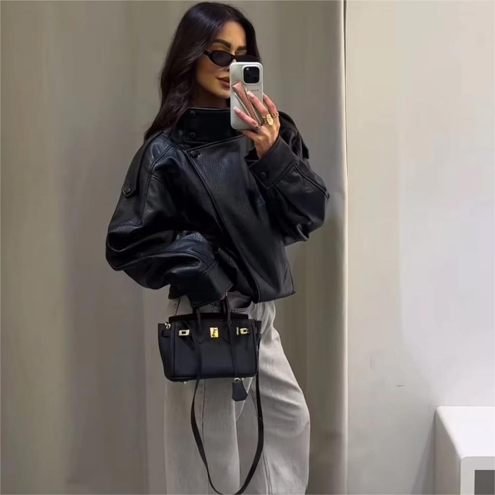VAYLA Lässige Chic Schwarze Lederjacken Damen Langarm Knöpfe Elastische Übergroße Mäntel Mode Herbst Streetwear Mäntel