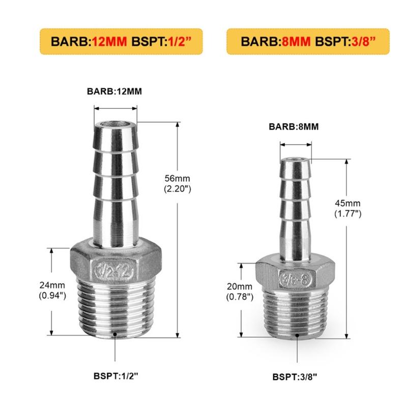 StainlessSteel 3/8" 1/2" BSP Male Thread Pipe Fitting 8mm 12mm Barb Hose Tail Pagodas Coupling Connector