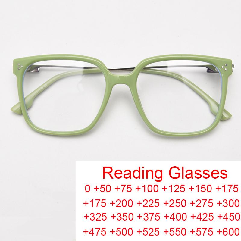 Elegant Women Large Frame Square Reading Glasses Fashion Green Prescription Eyewear Female Anti Blue Light Computer Glasses +2.5
