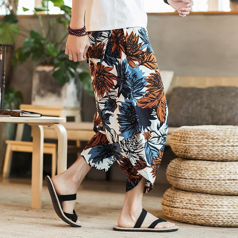 Men's Loose Linen Beach Pants, Wide-Leg 7-Point Harem, Casual Thai-Style Cotton Blend