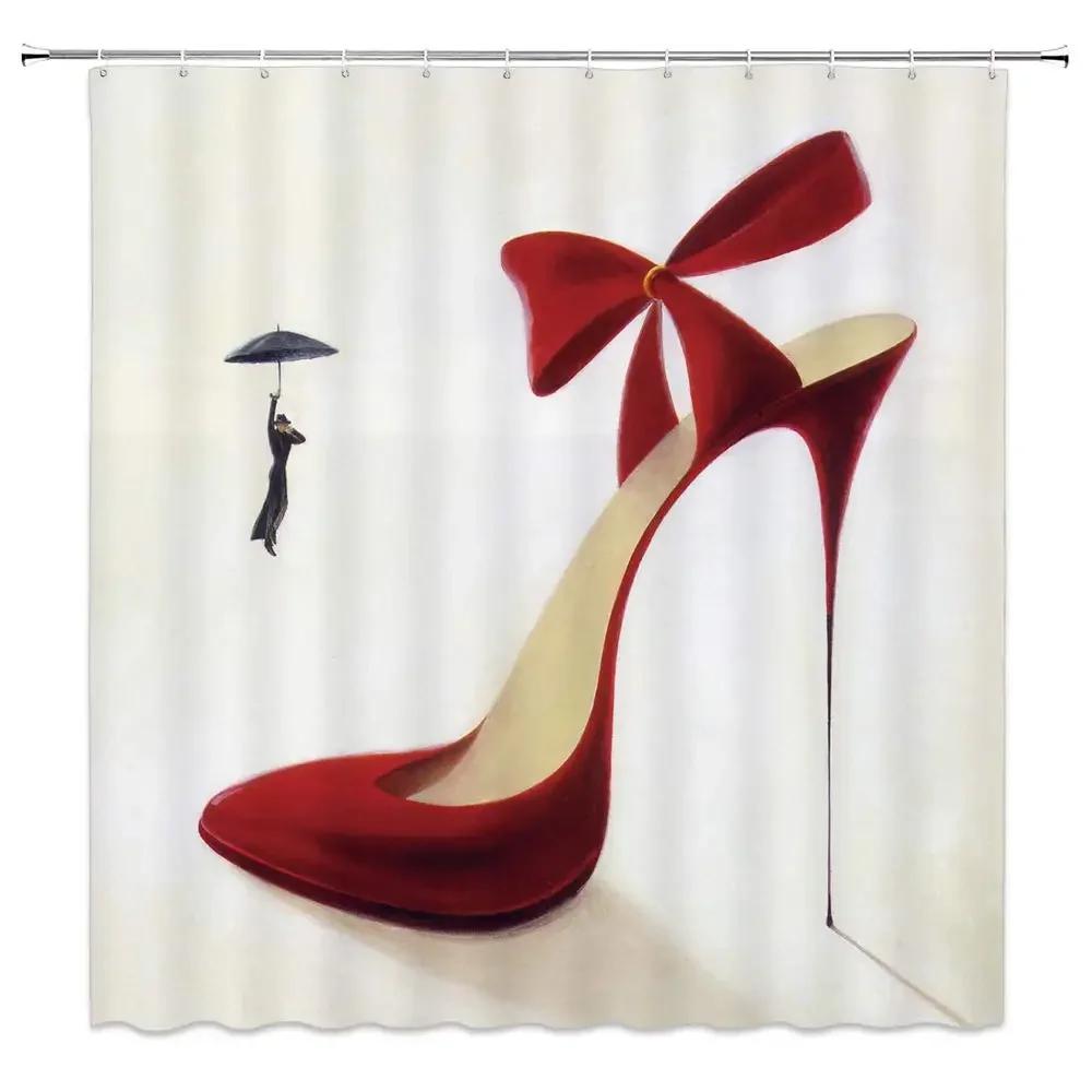 Diamonds Silver Gray High Heels Shoe Shower Curtain Modern Fashion Girl Black Bathroom Sets Waterproof Polyester Fabric