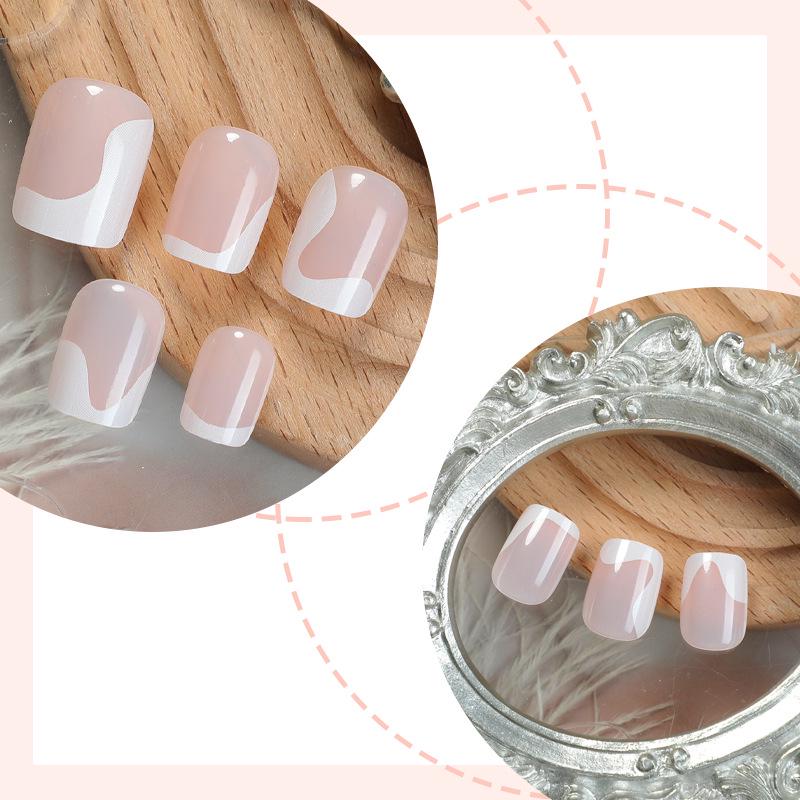 French Nude Short Square Press-on Nails with Irregular White Edges