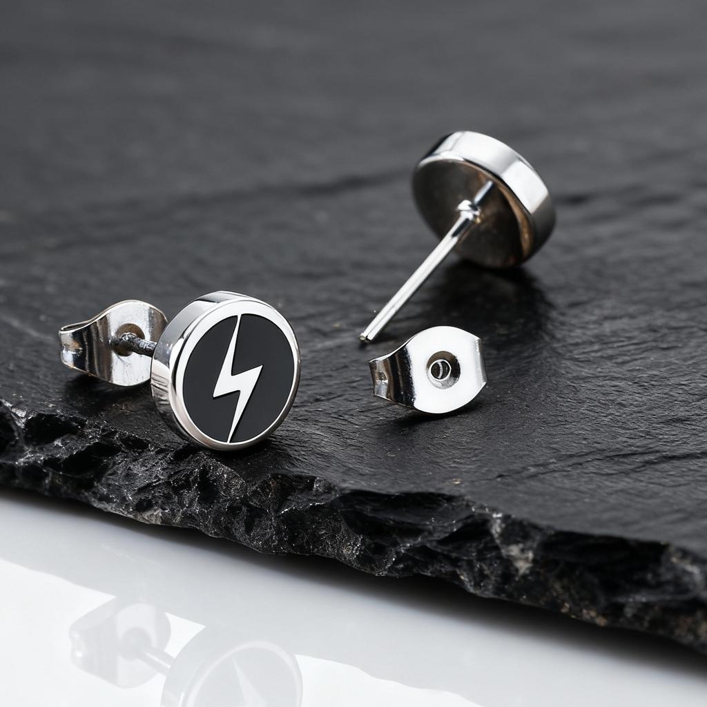 Punk Enamel Lightning Stud Earrings for Men,Stainless Steel Round Stud Earrings,Male Hiphop Piercing Jewelry Gift