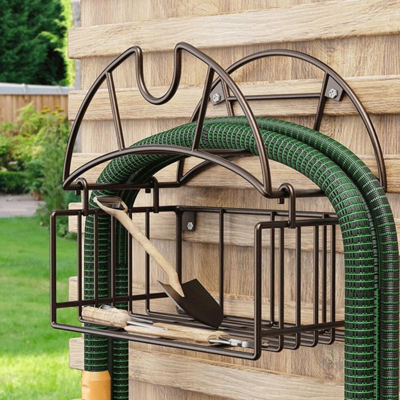 Hose Holder Wall Mount with Basket, Metal Hose Storage Rack for Fence Garden or Garage Wall, Simple Wall Storage Solution for Home Watering