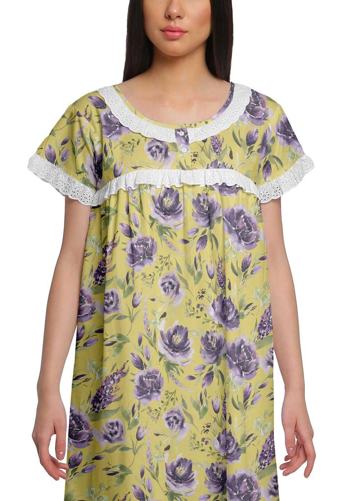 Moomaya Printed Short Sleeve Knee Length Nightdress Round Neck Sleepwear