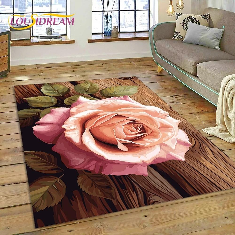Růžové Květiny Severská Láska Romantický Koberec Kobereček do Ložnice Obývacího Pokoje Domácí Dekorace na Pohovku, Dětská Hra Velká Dekorativní Podložka na Podlahu