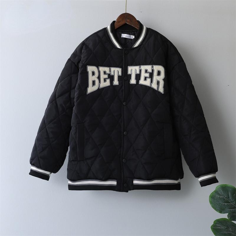 Vintage Quilted Coat Autumn Winter Jacket for Women Oversized Loose Couples Outerwear Letter Warm Argyle Jackets