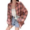 Women Summer Long Loose Shirt Falling Shoulder Long Sleeve Lapel Plaid Shirt