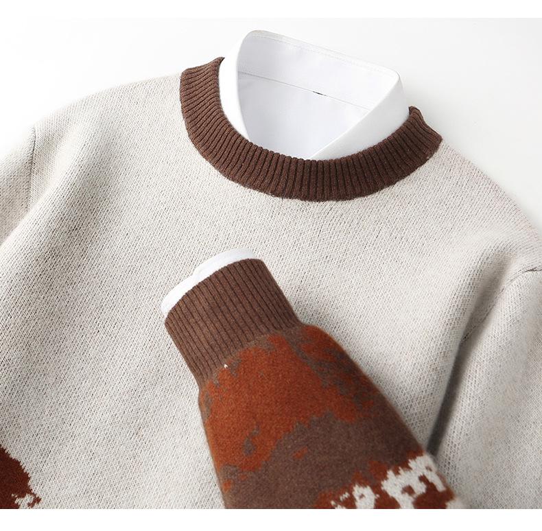 Men's High-End Pure Wool Patchwork Sweater - Winter Round Neck Cashmere Knit, New Style Base Layer