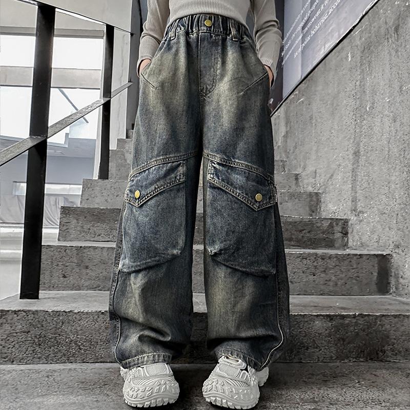 Kids Designer Vintage Gray Jeans for Girl Streetwear Y2k Baggy Denim Cargo Pants with Pocket Young Lady Child Jeans Trousers