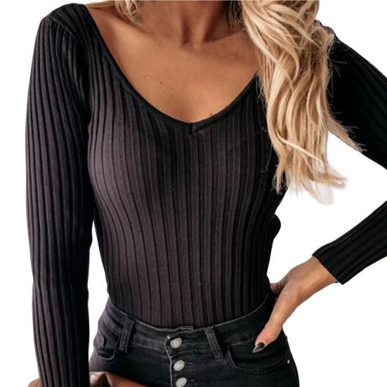 V-ringad långärmad ribbad bottenblus höst vinter enfärgad mager