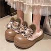 Fashion Waterproof Baotou Slippers Winter New Round Toe Deep Mouth Bow Added Wool Warm Non-slip Semi-drag