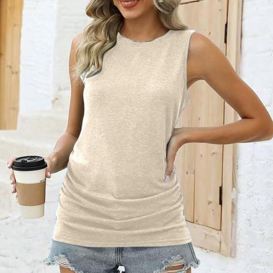 

Женские летние майки с круглым вырезом без рукавов, жилет с боковыми рюшами, однотонный, облегающий, эластичный, повседневная футболка, уличная одежда