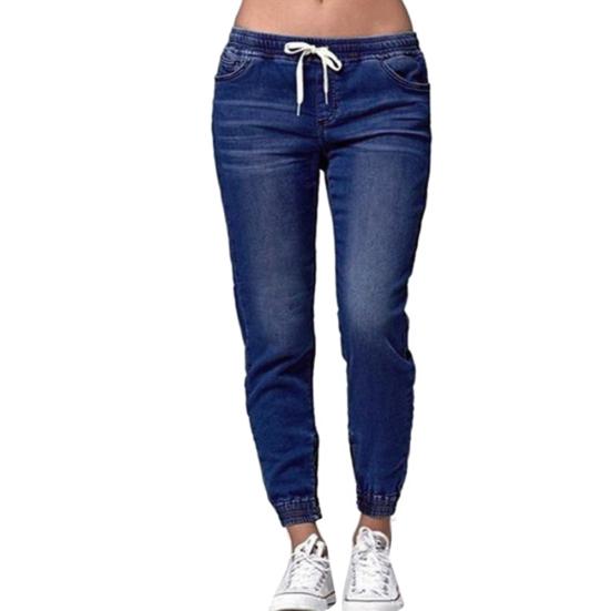 Women Solid Color Drawstring Ankle Tie Slim Stretchy Jeans Plus Size Denim Pants