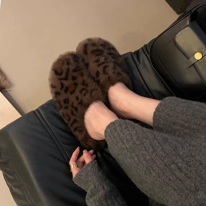 Fashion New Style Fashion Leopard Women Winter Home Fur Slippers Non-Slip Soft Warm House Indoor Bedroom Couple Girl Women's Floor Shoes