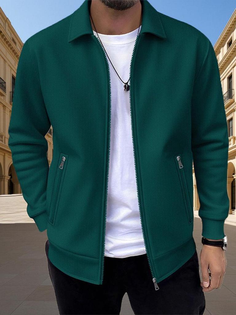 2025 Herren Slim Fit Lässige Strickjacke Jacke - Frühling/Herbst, Reißverschlusstaschen, Reverskragen, Uni-Farbe