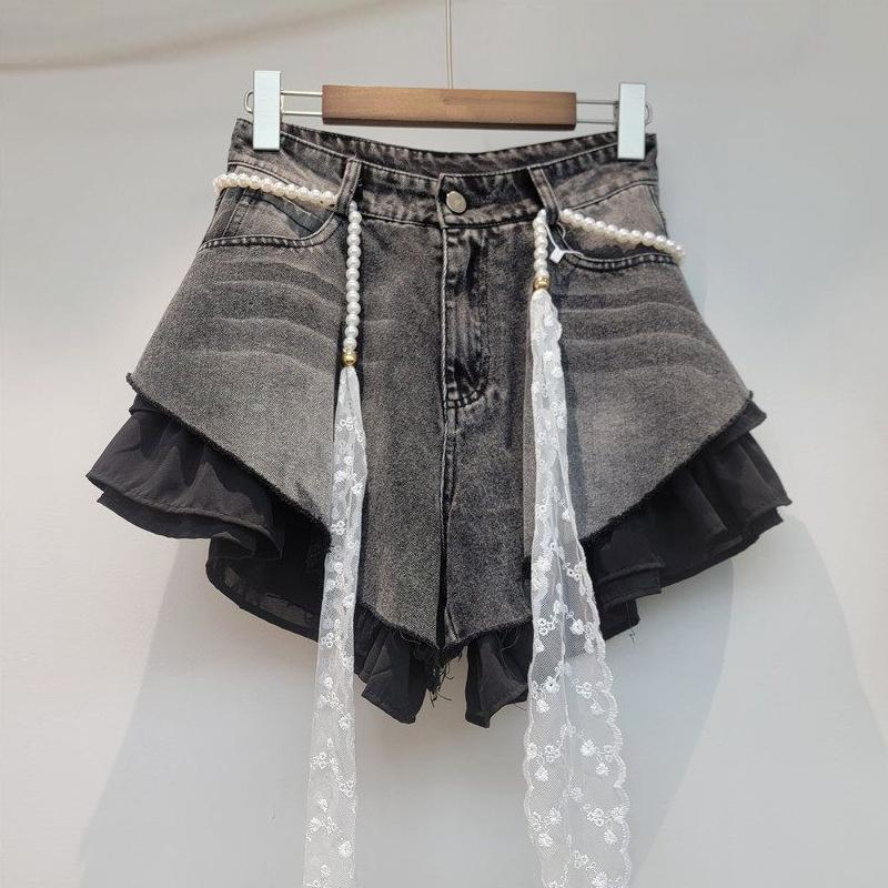 Blue Jean Shorts Women Denim Shorts Patchwork Ruffle Y2k with Belt Jeans Korean Girl Shorts Summer Streetwear 2026