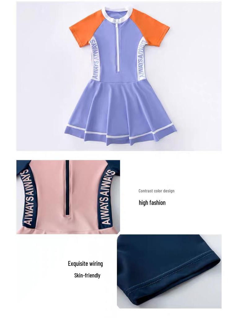 2023 Sporty One-Piece Skirted Swimsuit for Girls - Short-Sleeved, Plus Size, Hot Spring Swimwear for Kids