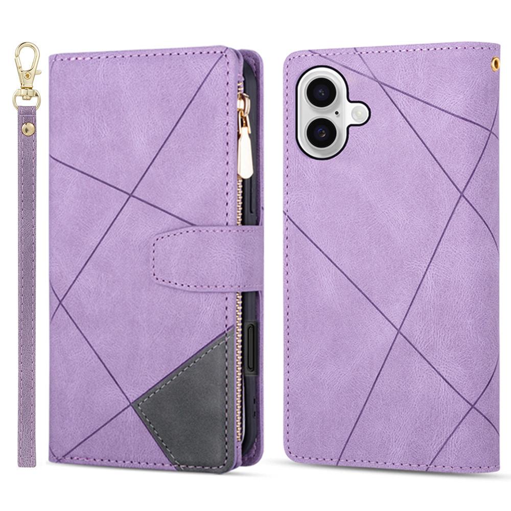 

For iPhone 17 Wallet Case Color Splicing Leather Phone Cover with Stand Purple