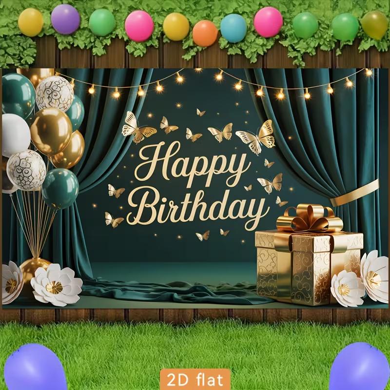2D Grün Gold Geburtstag Fotografie Hintergrund Vorhang & Schmetterling Fotokabine Banner