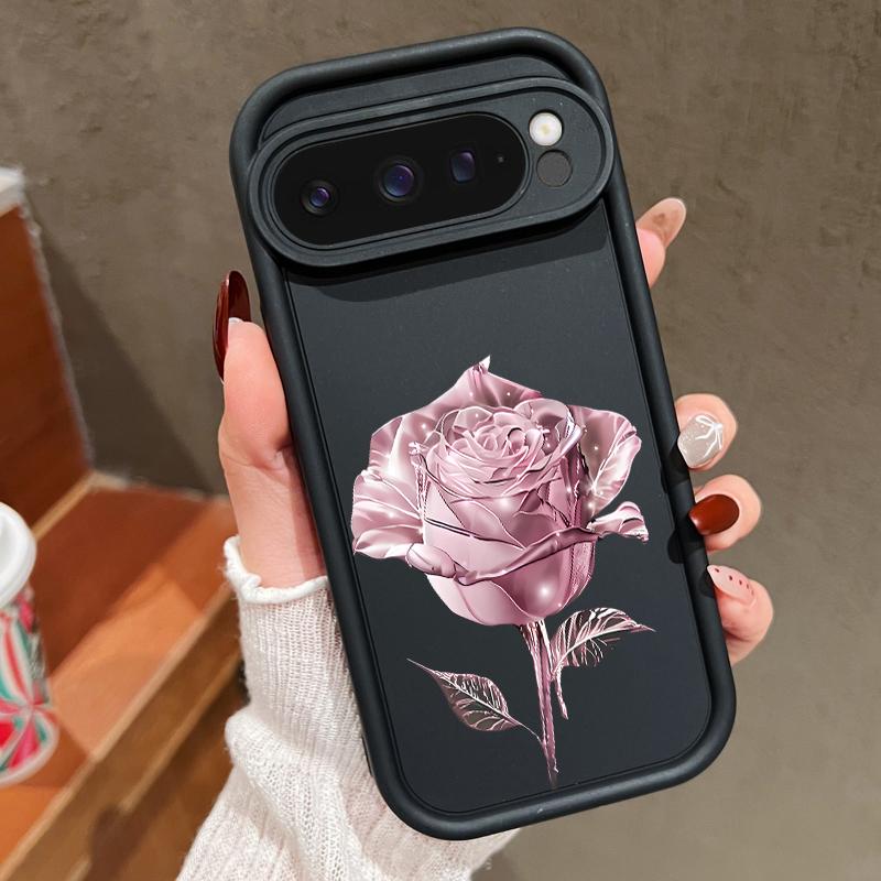 Crystal Rose Flower Pattern Soft TPU Matte Case For Google Pixel 9 Pro XL 8 Pro 8A Solid Color Shockproof Lens Protection Phone Cover
