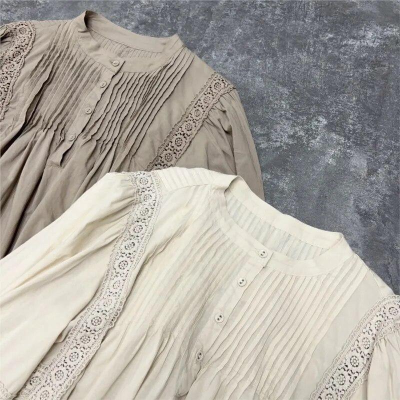 Johnature Fall Lace Panel Balloon Sleeve Long Sleeve Shirt Women Casual Mori Loose Autumn Female Tops Vintage Blouses