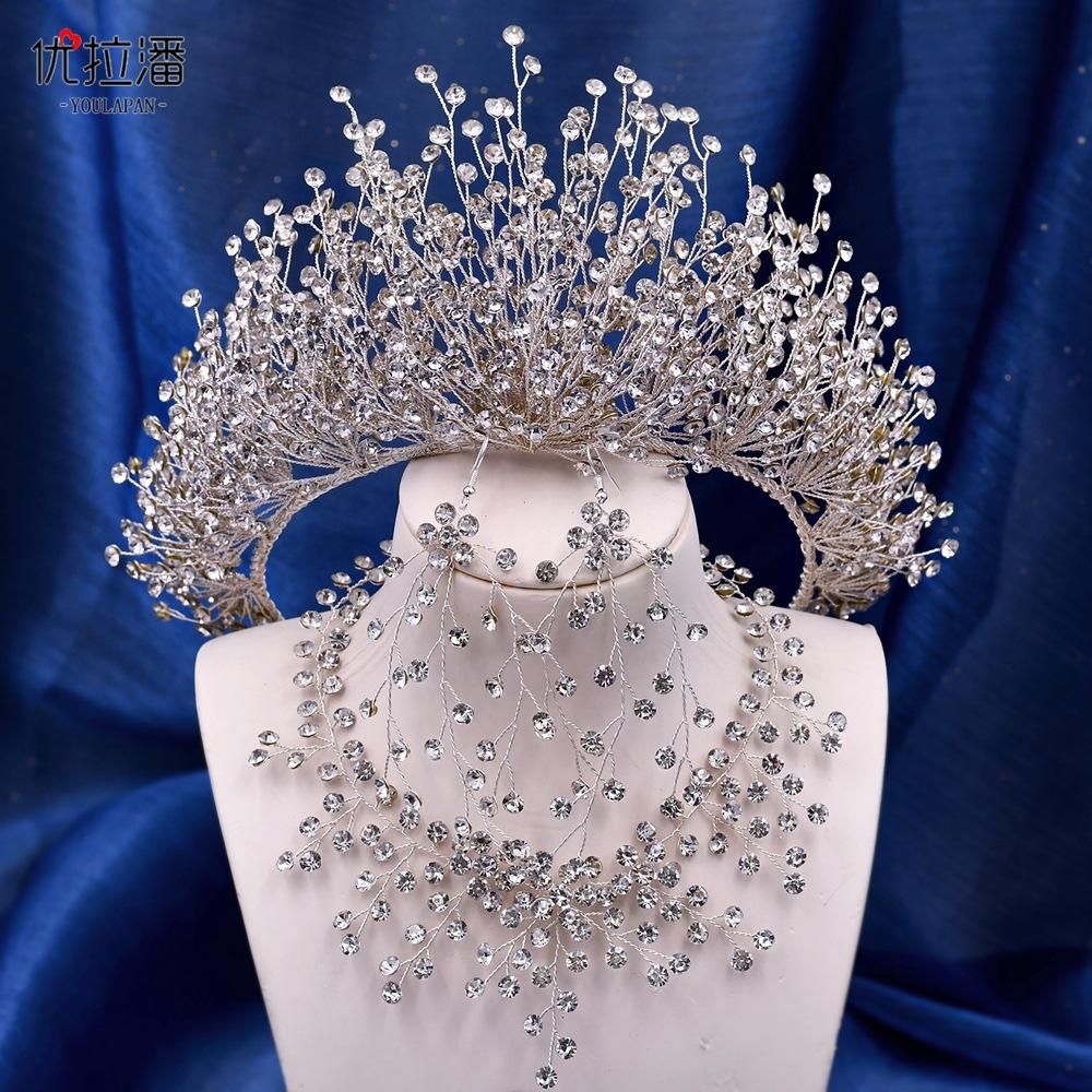 Yulapan Hp193 Luxury Bridal Headgear Crown Set Accessories Ab Diamond Necklace Earrings Three-Piece Hair Accessories