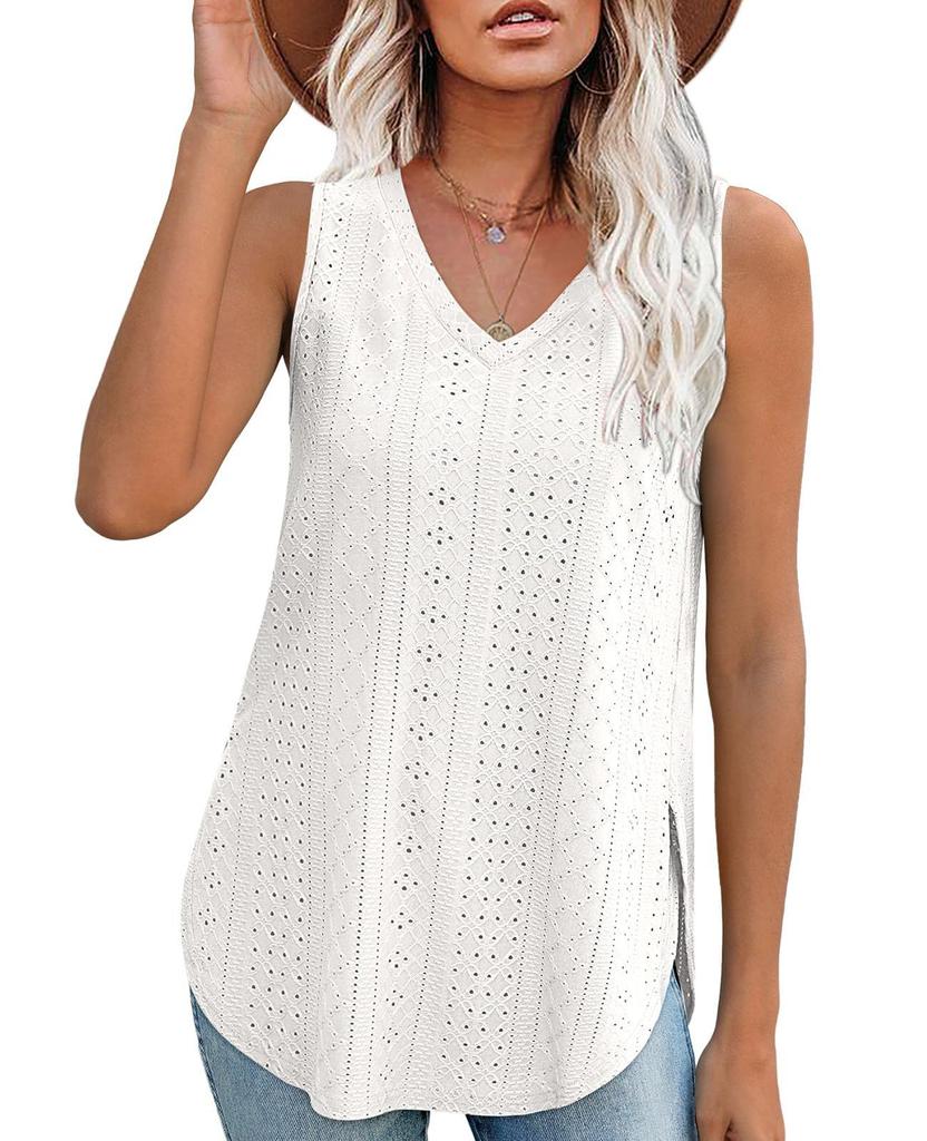 2025 Damen Sommer Top V-Ausschnitt Weste Ärmellos Lochstickerei Jacquard Top Lässige Weste Seitenschlitz T-Shirts Für Damen Stricktop
