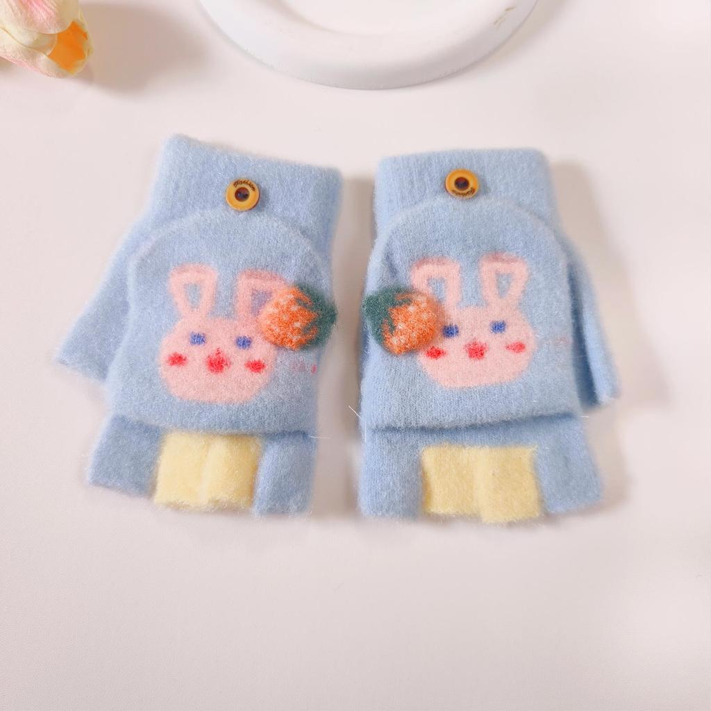 Girls' Cartoon Strawberry Rabbit Flip-Top Gloves - Warm Half-Finger, Autumn/Winter for Kids and Toddlers