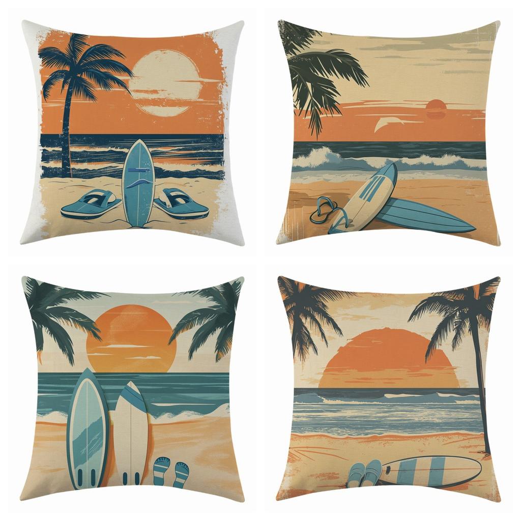 New Summer Refreshing Beach Sunrise Linen Pillowcase, Four-piece Set with Label