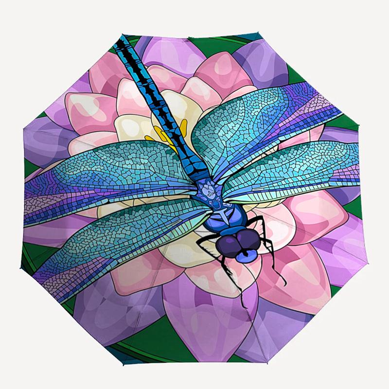 

Stained Dragonfly on Lotus Flower Automatic Opening Folding Umbrella - Portable 3-Fold Design with 8-Bone Steel Frame, Gift for Fans, Travel