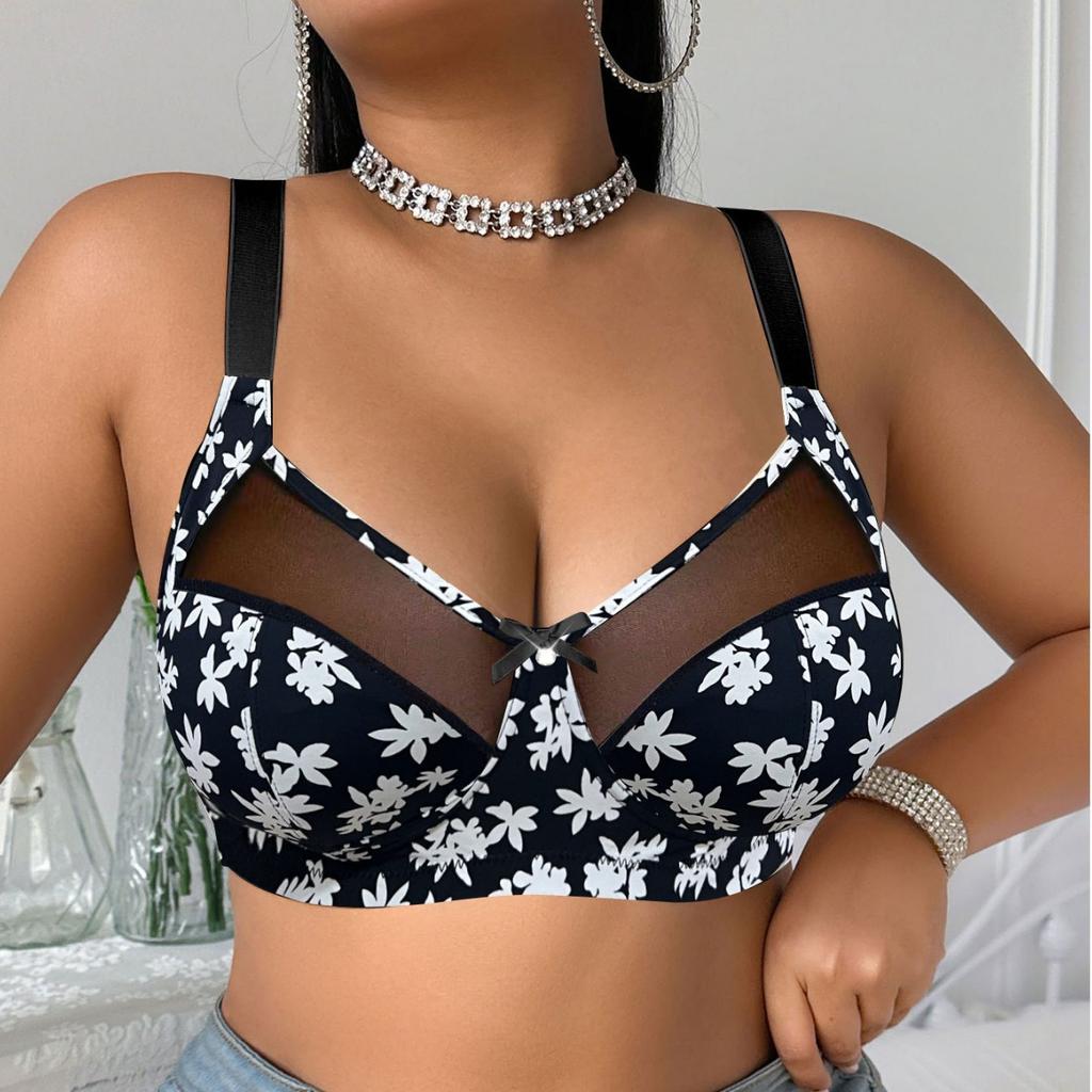 Underwear European‑Style Printed Oversized Bra Wireless Sexy Mesh Intimate Brassiere for Curvy Women