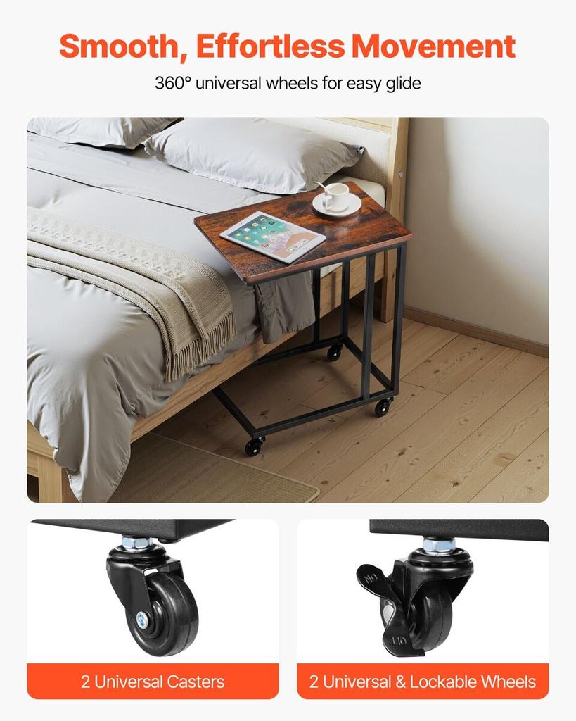 C Table, C Shaped Sofa Side Table with Metal Frame Rolling Casters, Portable C Shaped End Stand for Living Room Bedroom Office, 19.69 x 13.78 x 23.82