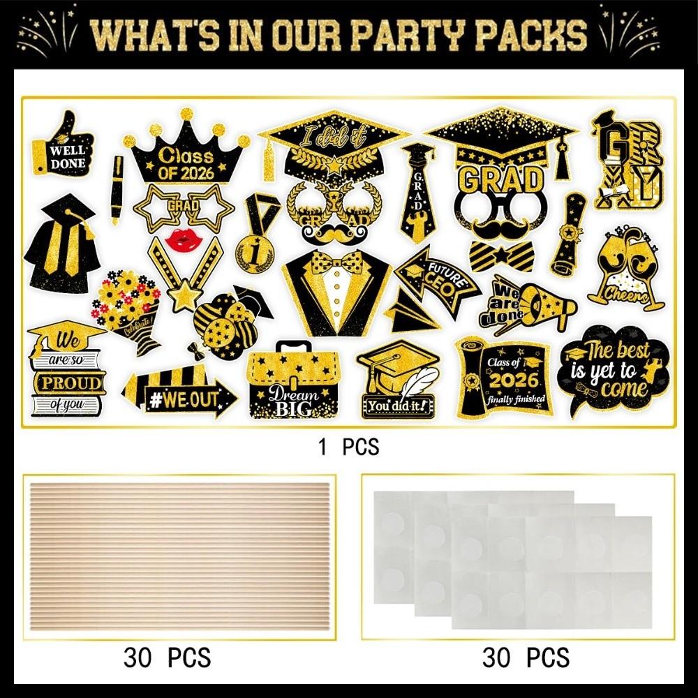 30Pcs/Set Black Golden 2026 Graduation Photo Booth Props With Sticks Pose Sign 2026 Graduation Decorations DIY Dress Up
