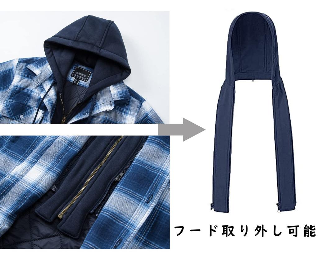 KEFITEVD Windproof and Cotton Plus Flannel Long Checked Blue and XL Men's Hoodie, Warm, Hooded, Padded, Size, Shirt, Sleeve, Jacket, Hardwearing,