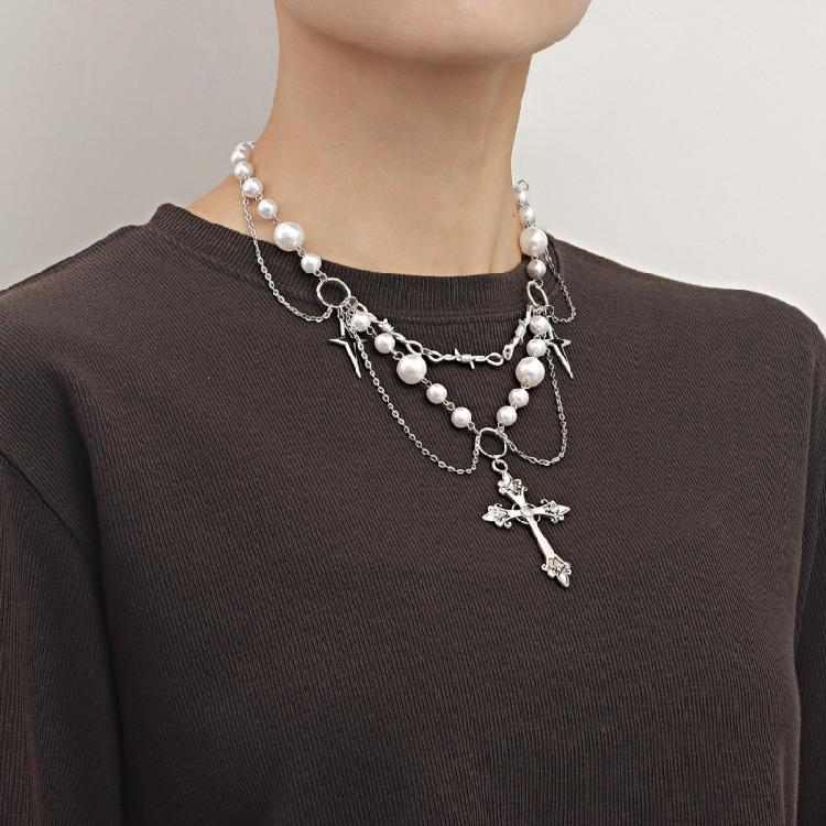 Fashion Cross Pendant Necklace Gothic Layered Necklace Pearl Beaded Necklace