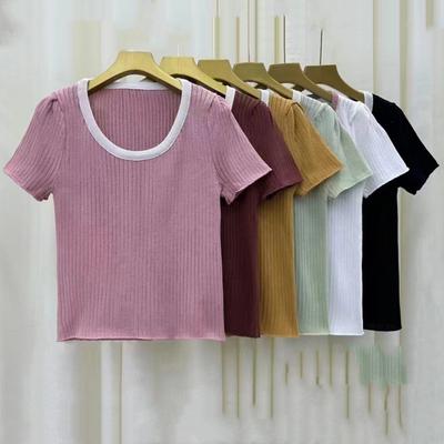 Fashion Clashing Color Knit Short Sleeve T-shirt Women Summer Round Neck Slim Short Unique Chic Small Tops Casual Essential Slim Fit Pullovers Tees